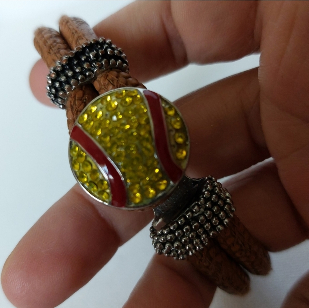 Rhinestone Embellished Baseball Snap Button Charm Textured Leather Bracelet